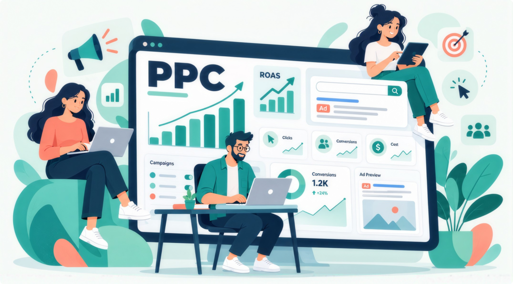 Illustration of a PPC team working on laptops and a tablet beside a large Google Ads dashboard with ROAS and conversion charts