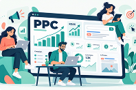 Illustration of a PPC team working on laptops and a tablet beside a large Google Ads dashboard with ROAS and conversion charts