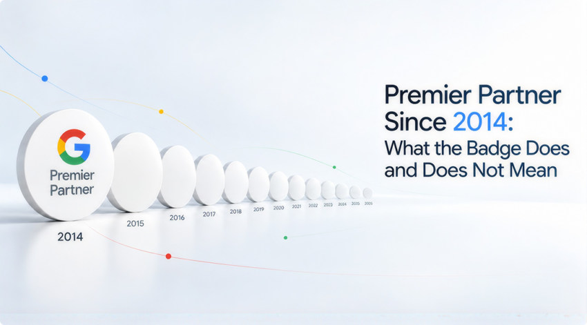 Google Premier Partner badge labelled 2014, followed by a row of badges for each year to 2026, beside the headline “Premier Partner Since 2014: What the Badge Does and Does Not Mean”