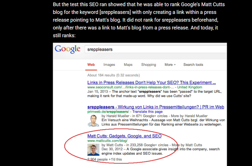 search engine roundtable, 23 january 2013: google results for 'sreppleasers' showing matt cutts' blog ranked via one press-release link.