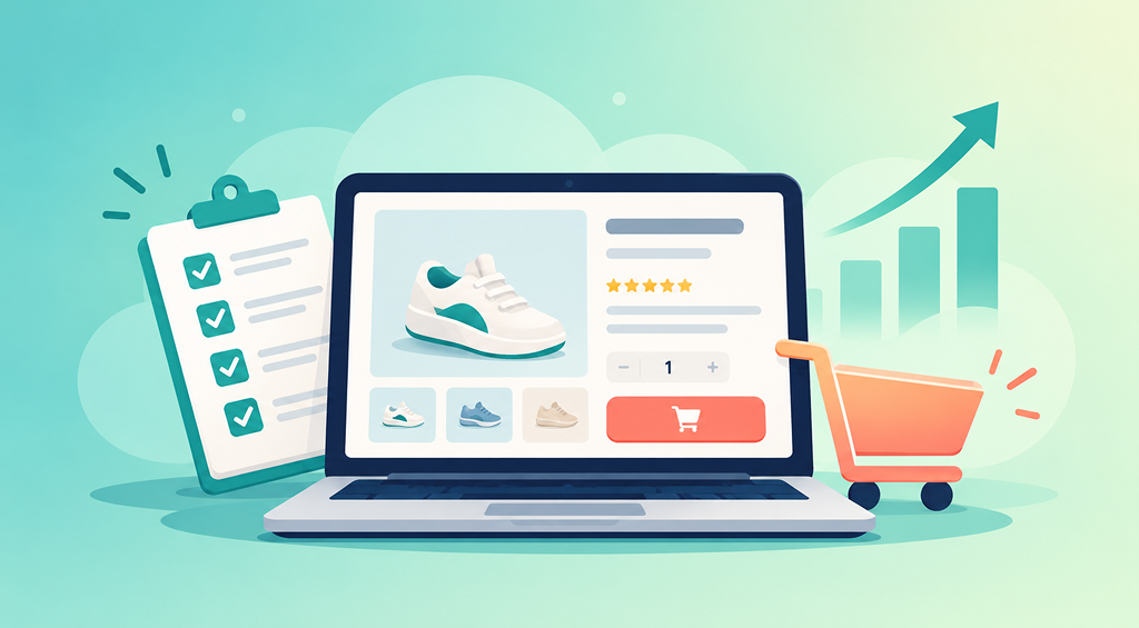 Illustration of a laptop showing an online shoe product page with a 5-star rating and add-to-cart button, next to a completed checklist, a shopping cart and a rising sales graph.