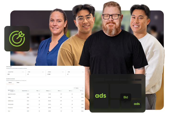 Click Click Media team standing in the Norwest office, with programmatic campaign insights and ad placement graphics overlaid