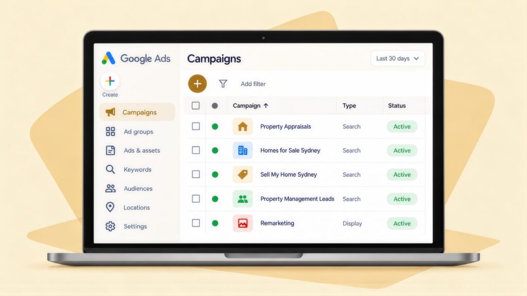 Laptop showing Google Ads campaigns for Property Appraisals, Homes for Sale Sydney, Sell My Home Sydney, Property Management Leads and Remarketing