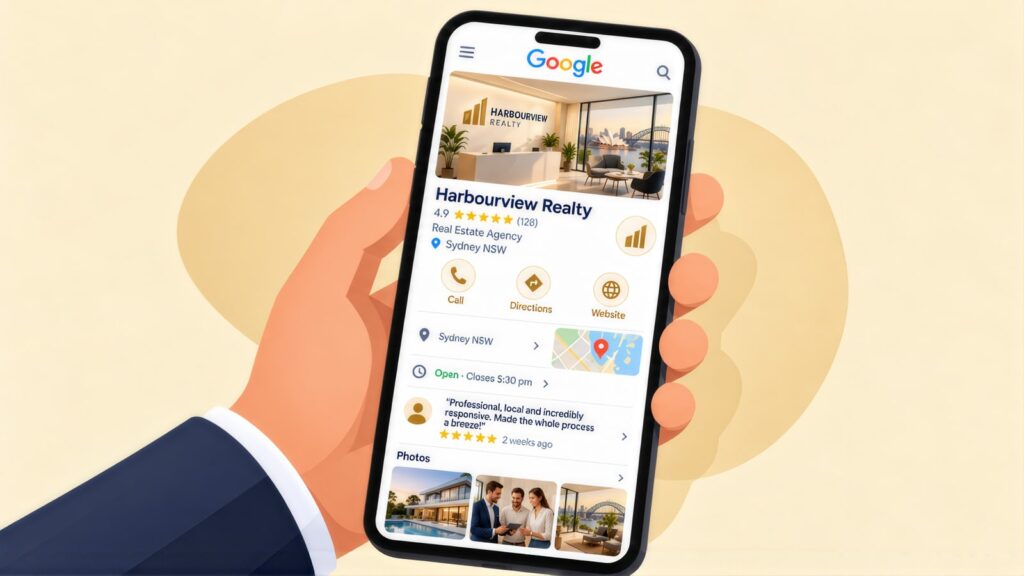 Hand holding a phone showing the Harbourview Realty Google Business Profile, rated 4.9 from 128 reviews, with Call, Directions and Website buttons