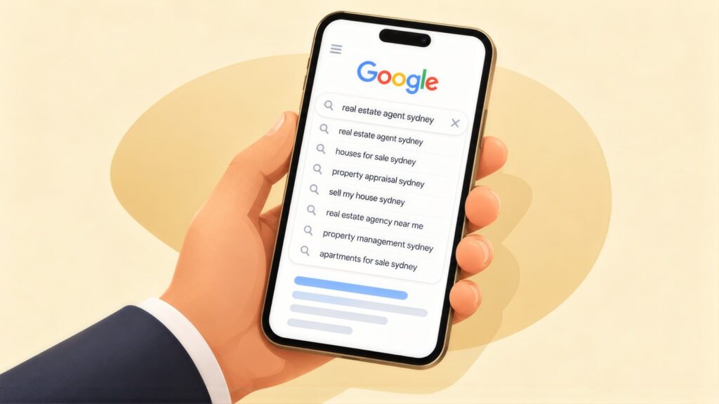 Hand holding a phone with Google suggestions for real estate agent sydney, including property appraisal sydney and sell my house sydney