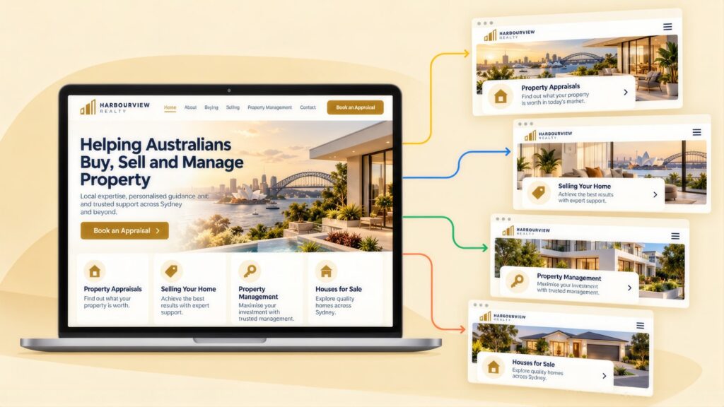 Harbourview Realty homepage on a laptop with arrows to landing pages for Property Appraisals, Selling Your Home, Property Management and Houses for Sale