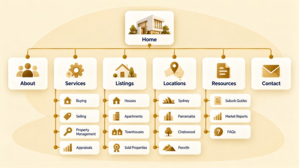 Site map flowing from Home to About, Services, Listings, Locations, Resources and Contact, with pages like Appraisals, Apartments, Parramatta and Suburb Guides