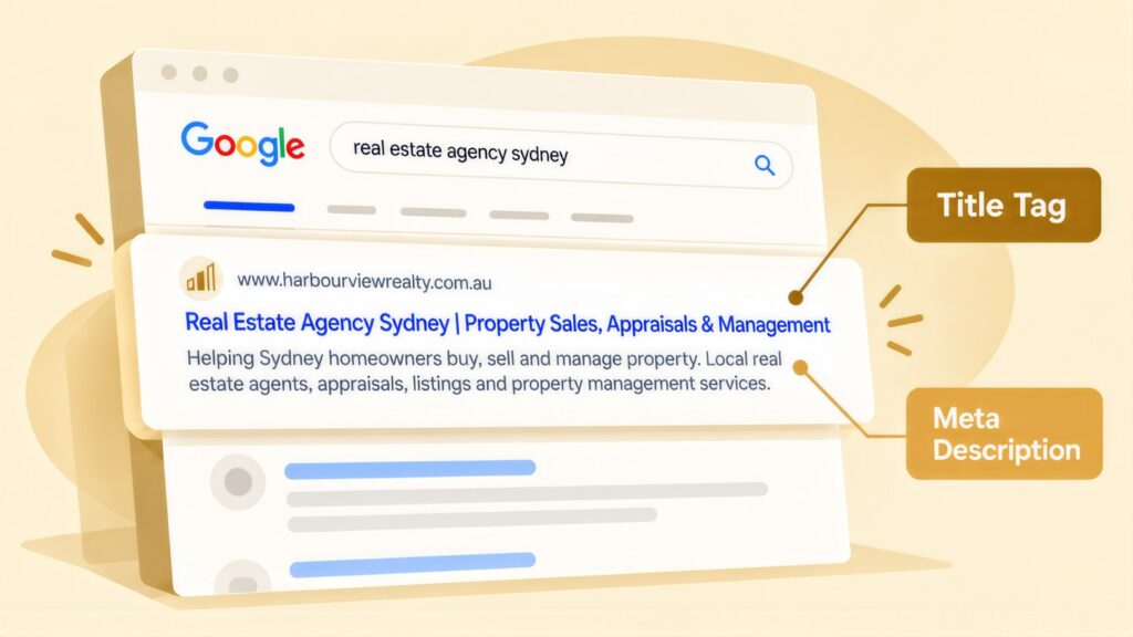 Google result for 'real estate agency sydney' with the blue headline labelled Title Tag and the Harbourview Realty snippet below labelled Meta Description