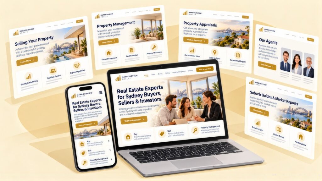 Harbourview Realty site on a laptop and phone surrounded by pages for Selling Your Property, Property Management, Appraisals, Our Agents and Suburb Guides