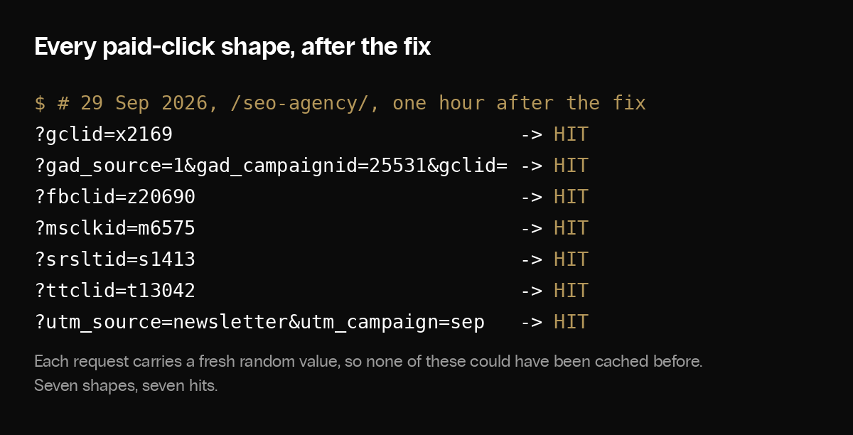 Terminal output: seven request shapes with gclid, gad_source and gad_campaignid, fbclid, msclkid, srsltid, ttclid and utm parameters, every one returning cf-cache-status HIT.