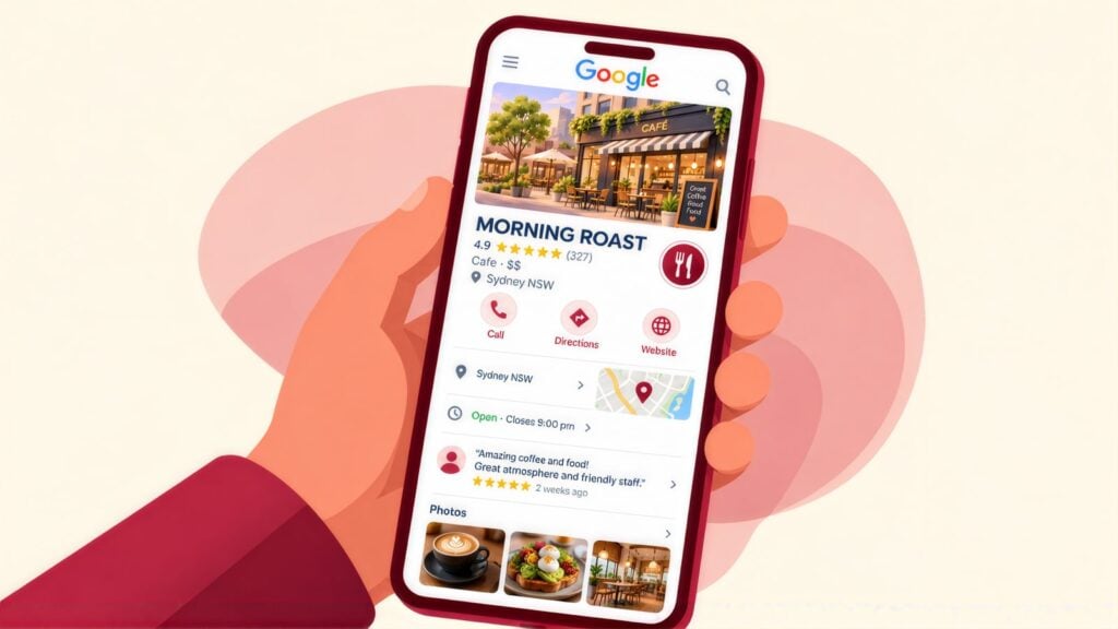Hand holding a phone showing the Google Business Profile for Morning Roast, a Sydney cafe rated 4.9 from 327 reviews, with coffee and brunch photos