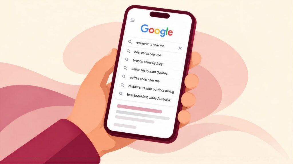 Hand holding a phone with Google suggestions for restaurants near me, including brunch cafes Sydney, Italian restaurant Sydney and coffee shop near me