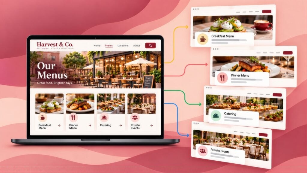 Harvest & Co. Our Menus page on a laptop with arrows to landing pages for Breakfast Menu, Dinner Menu, Catering and Private Events