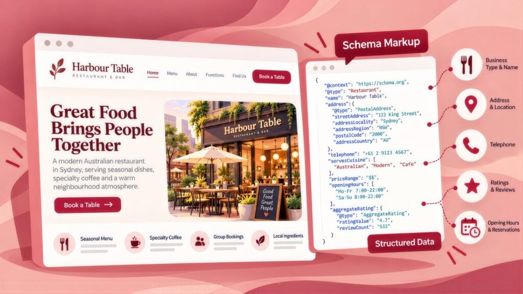 Harbour Table homepage headed 'Great Food Brings People Together' beside Restaurant schema markup, labelled for address, ratings and opening hours