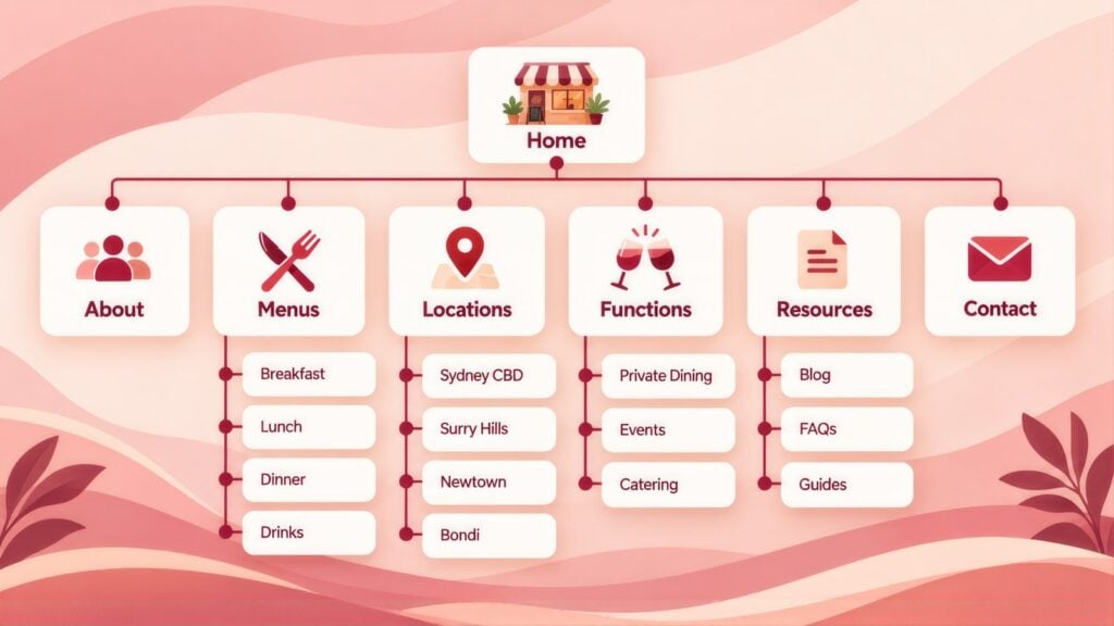 Site map tree from Home to About, Menus, Locations, Functions, Resources and Contact, with pages like Breakfast, Surry Hills and Private Dining