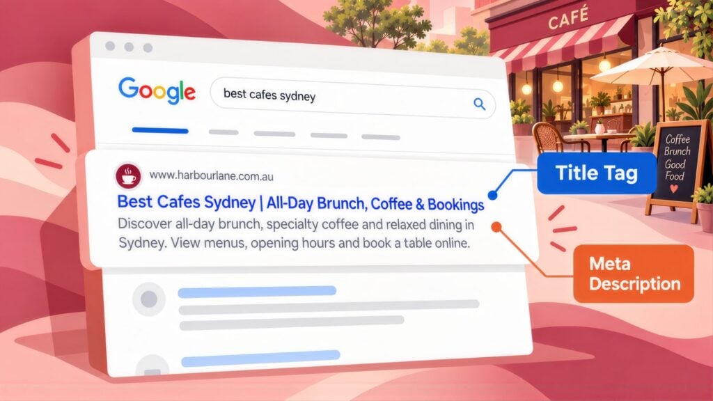 Google result for 'best cafes sydney' with the brunch and coffee headline labelled Title Tag and the snippet labelled Meta Description
