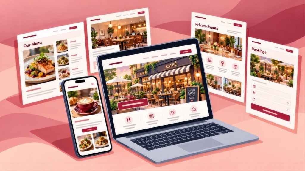Laptop showing a cafe homepage, a phone with a latte and floating pages for Our Menu, the dining room, Private Events and Bookings