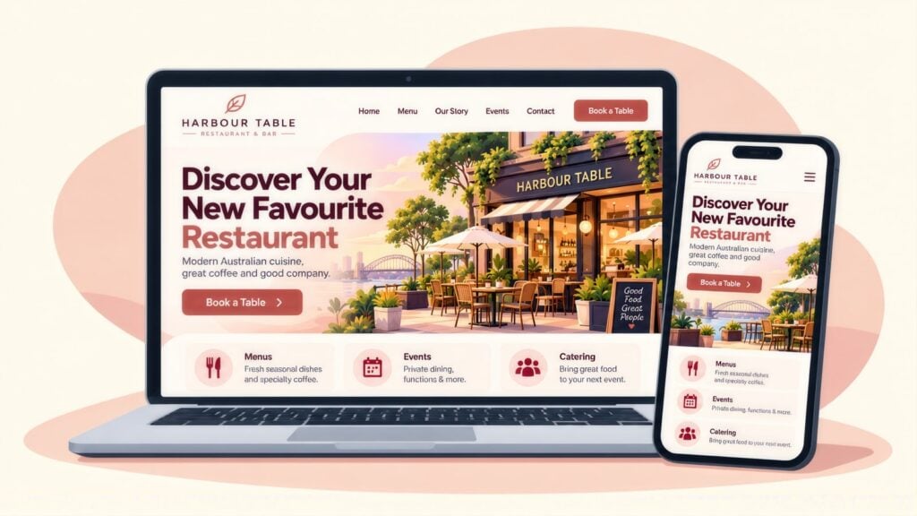 Harbour Table restaurant website on a laptop and phone with the headline 'Discover Your New Favourite Restaurant' and a Book a Table button