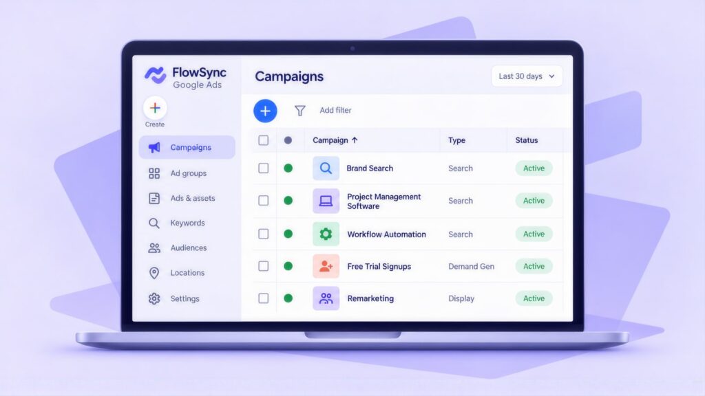 Laptop showing Google Ads campaigns for Brand Search, Project Management Software, Workflow Automation, Free Trial Signups and Remarketing