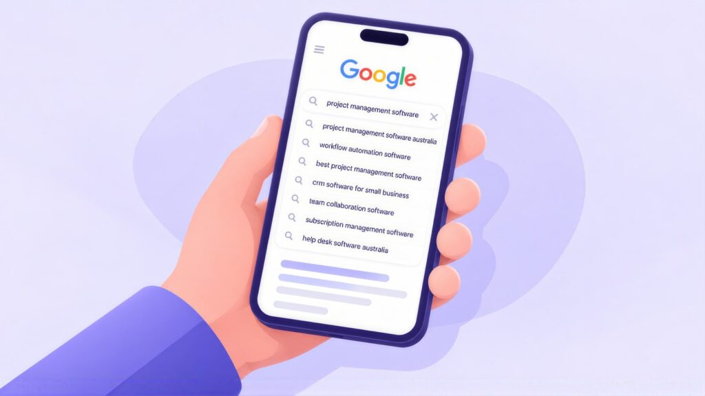 Hand holding a phone with Google suggestions for project management software, including workflow automation software and crm software for small business