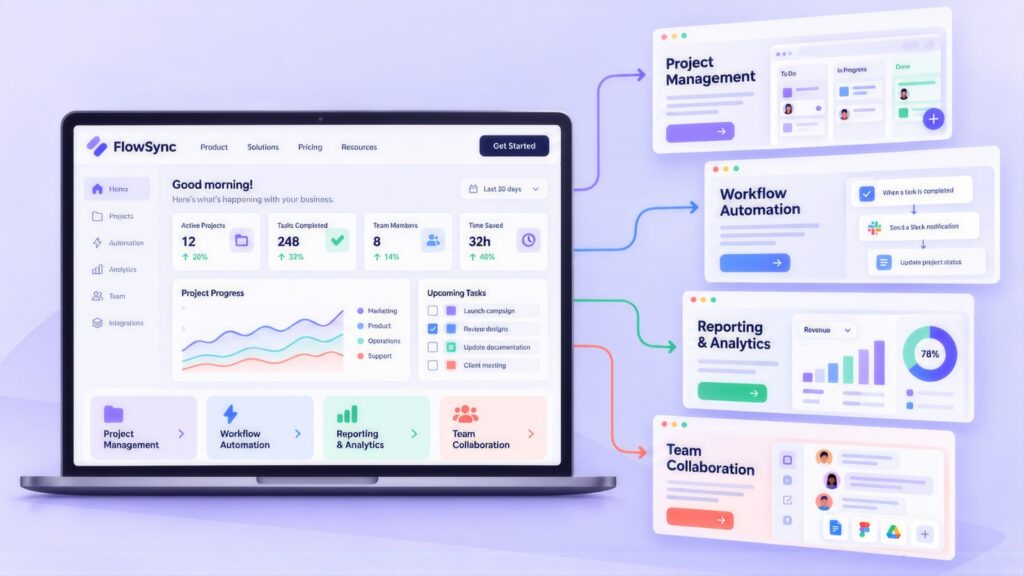 FlowSync dashboard on a laptop with arrows to landing pages for Project Management, Workflow Automation, Reporting & Analytics and Team Collaboration