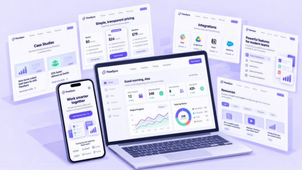Laptop dashboard, phone and floating FlowSync pages for Case Studies, transparent pricing, Integrations, product features and Resources