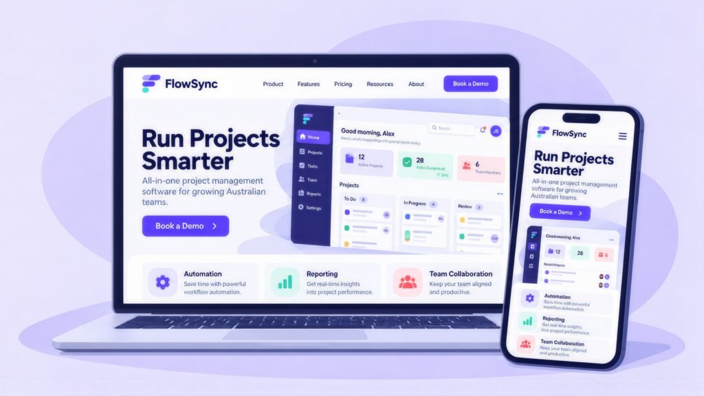 FlowSync website on a laptop and phone with the headline 'Run Projects Smarter', a Book a Demo button and a project dashboard preview