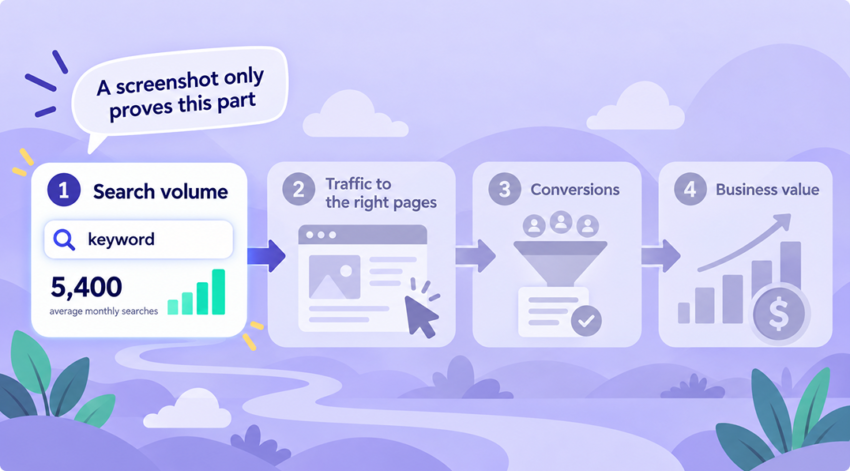 SEO reporting funnel showing search volume leading to traffic, conversions and business value, with the later stages greyed out to show that ranking screenshots alone do not prove business performance.