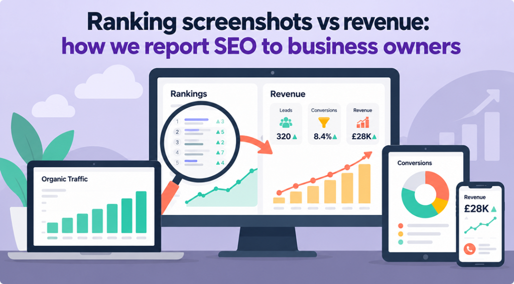 Illustration comparing SEO rankings with business results, showing organic traffic, keyword rankings, leads, conversions and revenue across desktop, tablet and mobile dashboards.