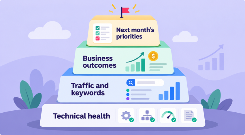 Layered SEO reporting framework with technical health as the foundation, traffic and keywords in the middle, business outcomes above, and next month’s priorities at the top.