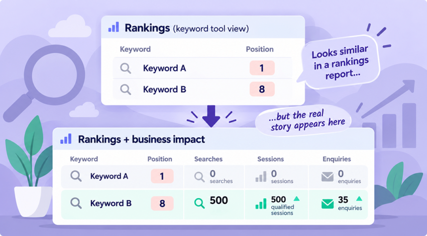 SEO ranking comparison showing one keyword in position 1 with no searches, sessions or enquiries, and another in position 8 generating 500 qualified sessions and 35 enquiries.