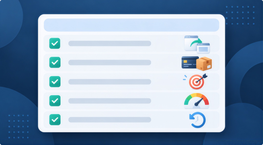 Pre-launch checklist with five ticked items: redirects, payments and shipping, tracking, site speed and a rollback plan.