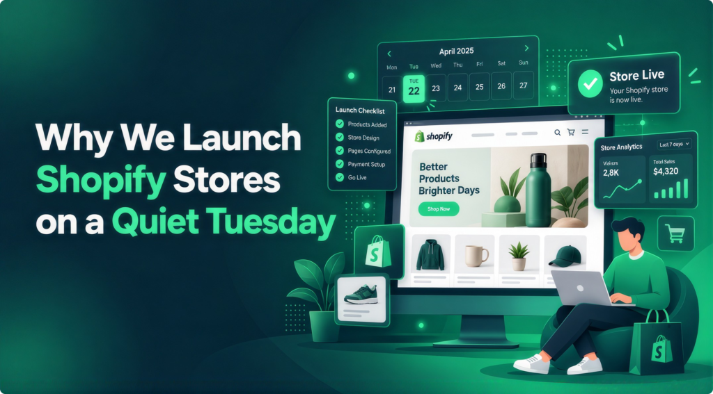 Shopify store on a monitor with a launch checklist, a “Store Live” alert and a calendar with Tuesday highlighted as launch day.