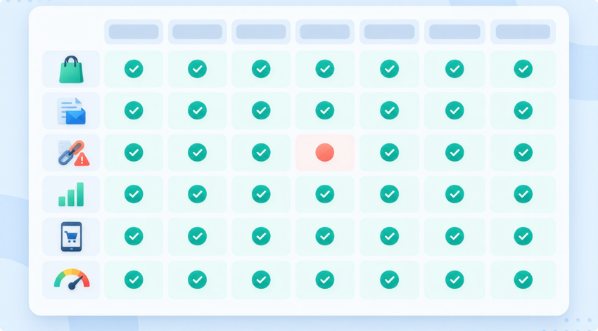 Seven-day monitoring grid tracking orders, forms, redirects, tracking, mobile checkout and speed, with one redirect issue flagged mid-week.