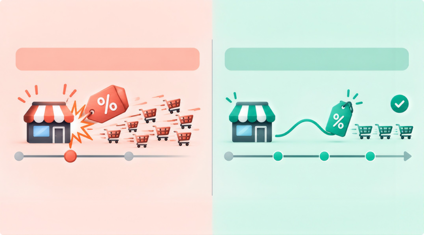 Two timelines compared: a store launching straight into a sale and overwhelmed by traffic, and one launching a week before the sale and handling it calmly.