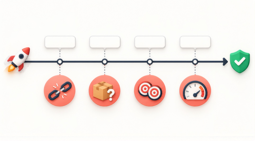 Timeline of the first 48 hours after launch showing common issues: broken redirects, wrong shipping rates, duplicate tracking tags and slow pages.