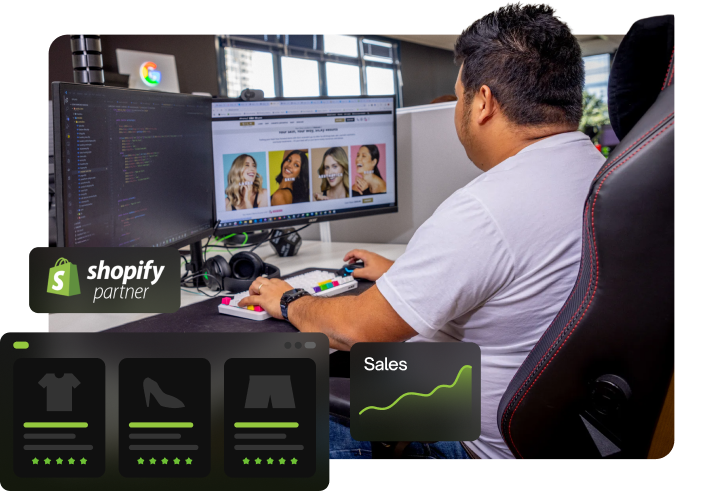 Office photoshoot showing Gian working on a Shopify website conversion.