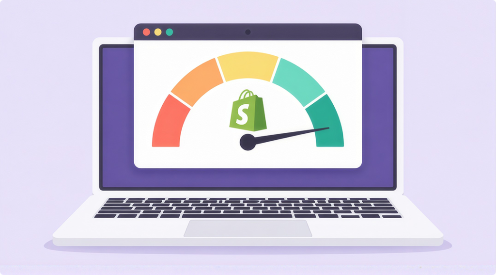 Illustration of a laptop showing a speedometer with the Shopify logo, with the needle in the green zone to show fast site speed.