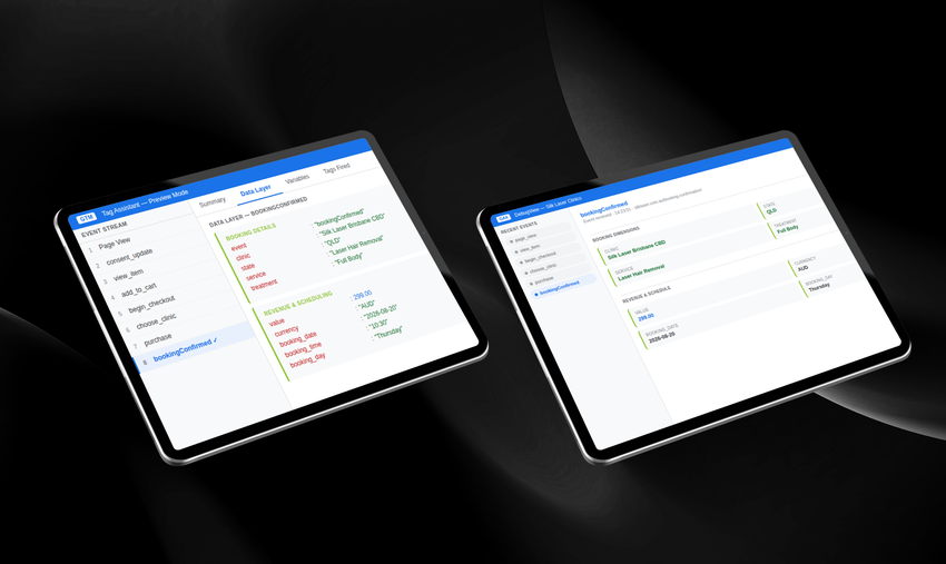 gtm preview mode and ga4 debugview side by side, showing a bookingconfirmed event carrying clinic location, treatment name, booking value and day of week.