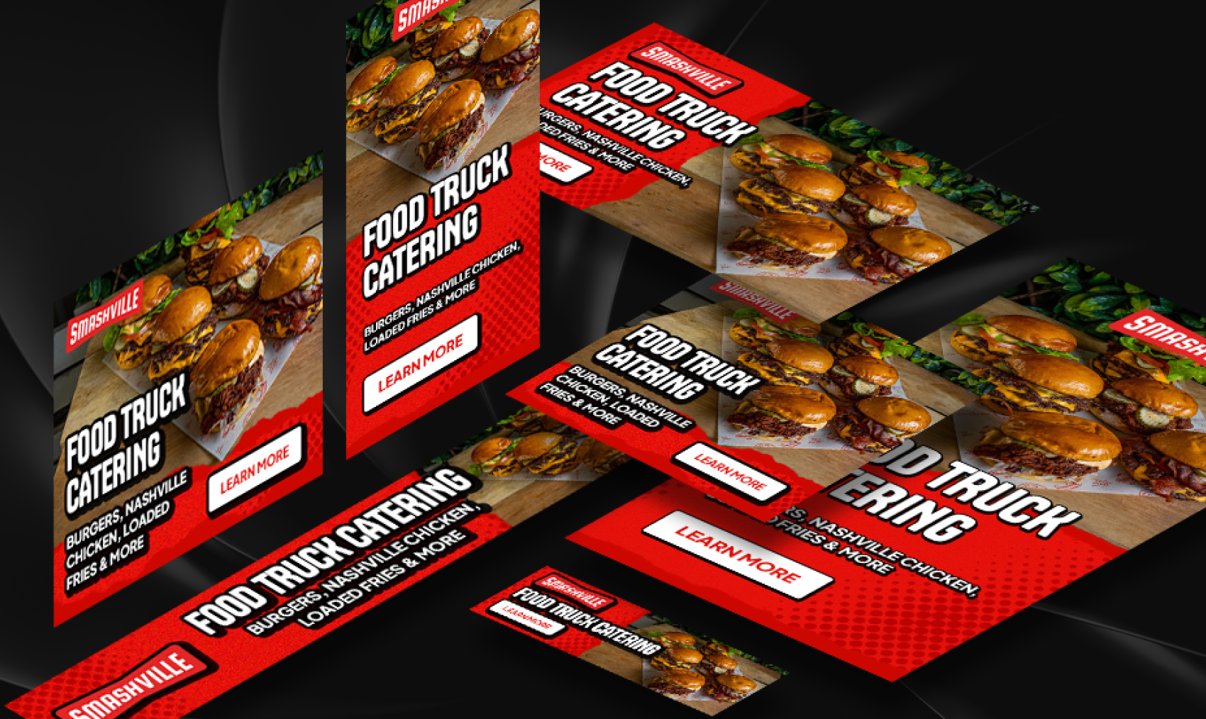 a set of smashville food truck catering display ads in multiple sizes, each showing burgers and a learn more button.