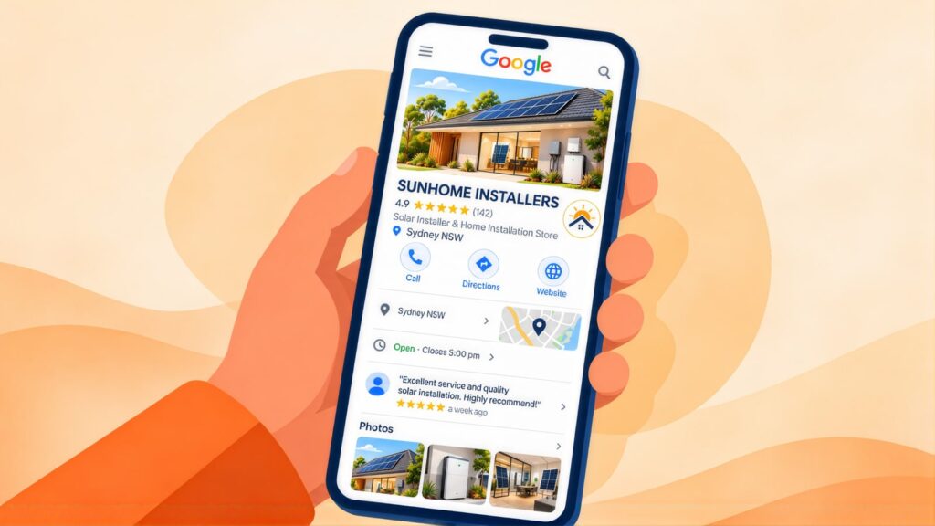 Hand holding a phone with the Sunhome Installers Google Business Profile, rated 4.9 from 142 reviews, with Call, Directions and Website buttons and a map