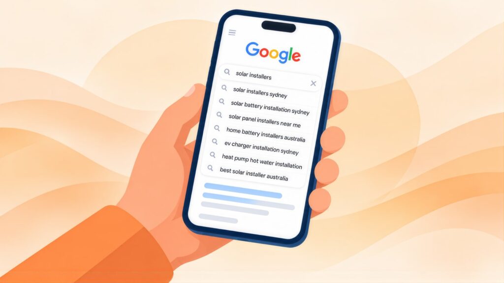 Hand holding a phone with Google suggestions for solar installers, including solar battery installation sydney, ev charger installation and heat pump hot water