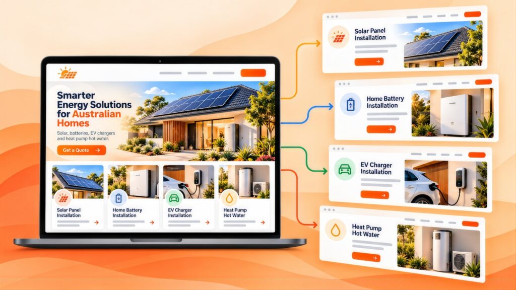 Solar homepage headed Smarter Energy Solutions for Australian Homes, with arrows to solar panel, home battery, EV charger and heat pump hot water pages