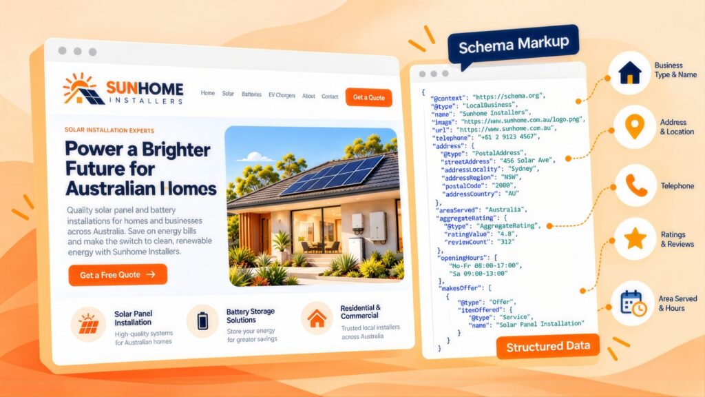 Sunhome Installers web page beside a Schema Markup panel of LocalBusiness data, linked to business name, address, telephone, ratings and hours