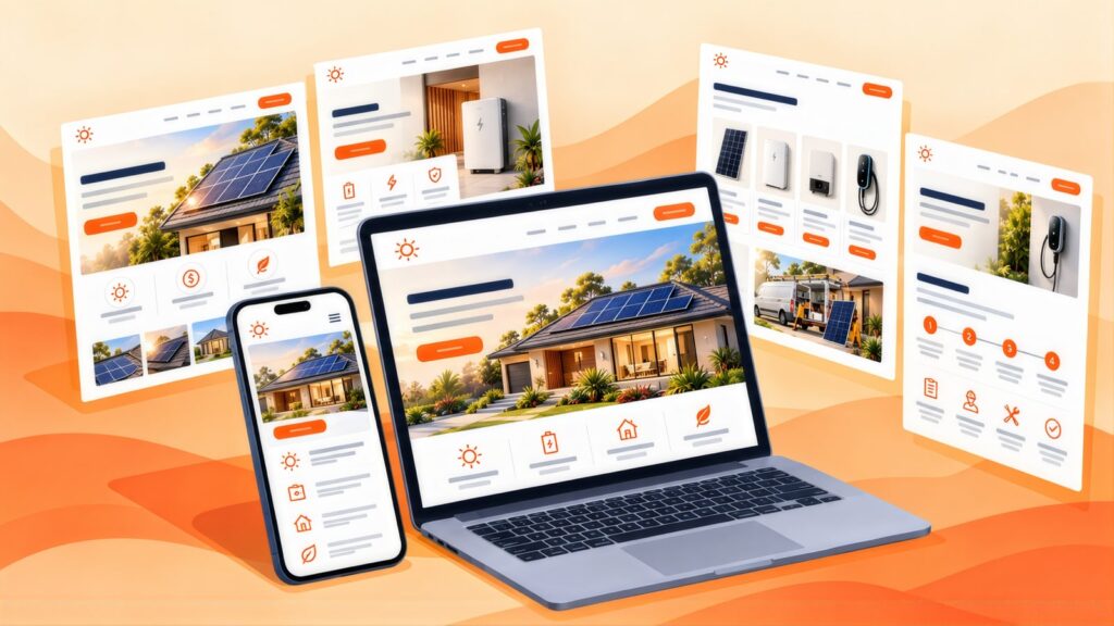 Solar site on a laptop and phone surrounded by page layouts showing rooftop panels, a home battery, product tiles, an EV charger and a four-step process