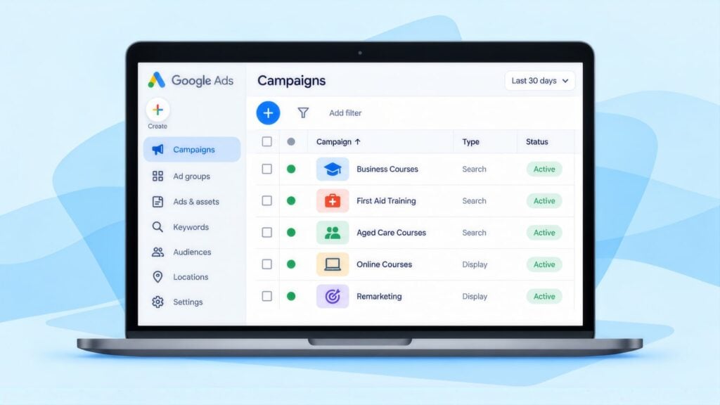 Laptop showing a Google Ads campaigns list for Business Courses, First Aid Training, Aged Care Courses, Online Courses and Remarketing, all active