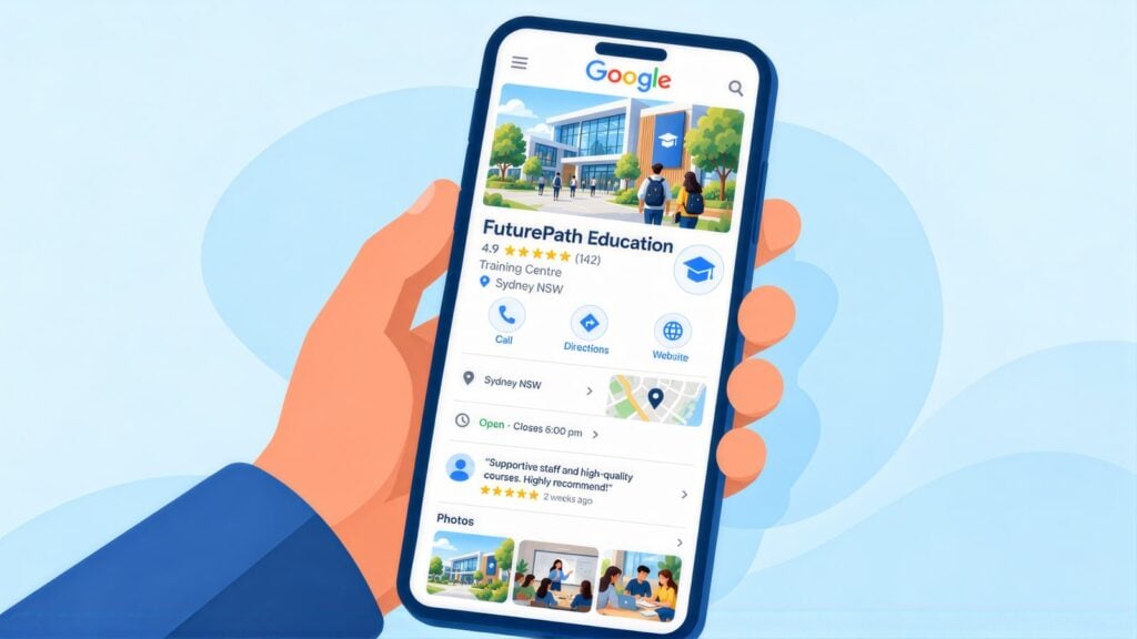 Hand holding a phone with the Google Business Profile for FuturePath Education, a Sydney training centre rated 4.9 stars, with call, directions and photos