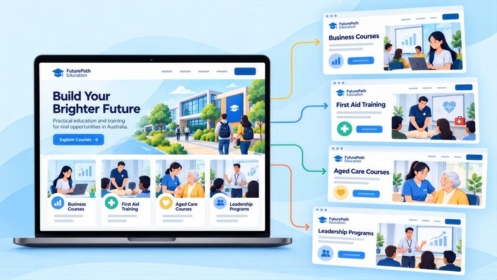 Laptop homepage reading 'Build Your Brighter Future' with arrows to landing pages for Business Courses, First Aid Training, Aged Care and Leadership