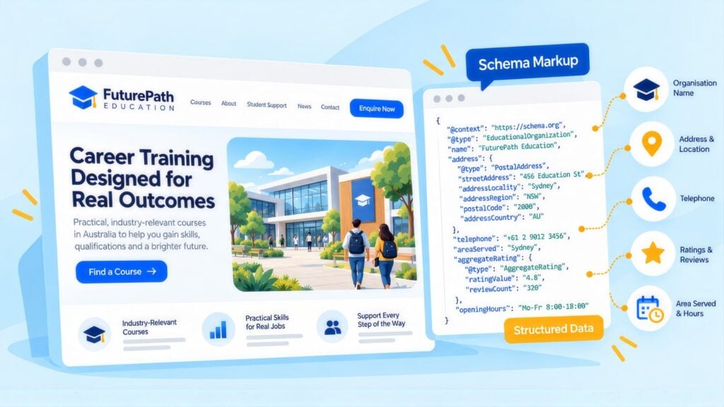 FuturePath Education web page beside its EducationalOrganization schema code, with callouts for organisation name, address, telephone, ratings and hours