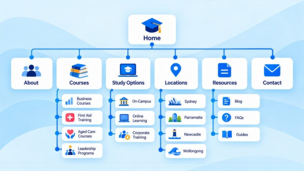 Site map with Home branching to About, Courses, Study Options, Locations, Resources and Contact, with sub-pages like First Aid Training, Sydney and FAQs